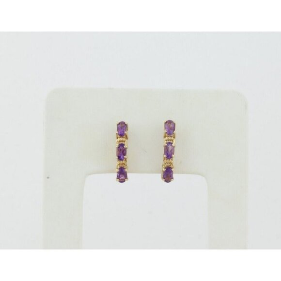 10k Yellow Gold Natural Amethyst Earrings Half Hoop - Picture 6 of 8